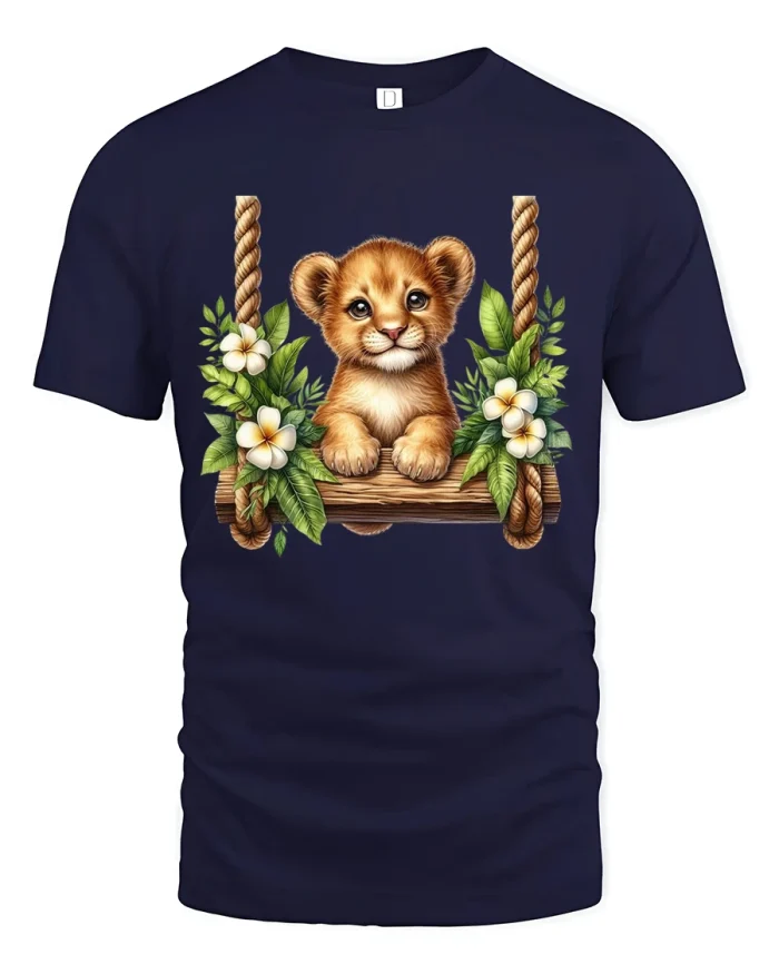 Adorable Baby Lion On Wooden Swing Cute Illustration Graphic Tee - navy t-shirt on white background