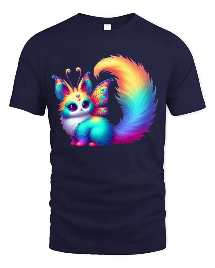 Magical Rainbow Fox With Butterfly Wings Fantasy Art Graphic Tee - navy t-shirt on white background