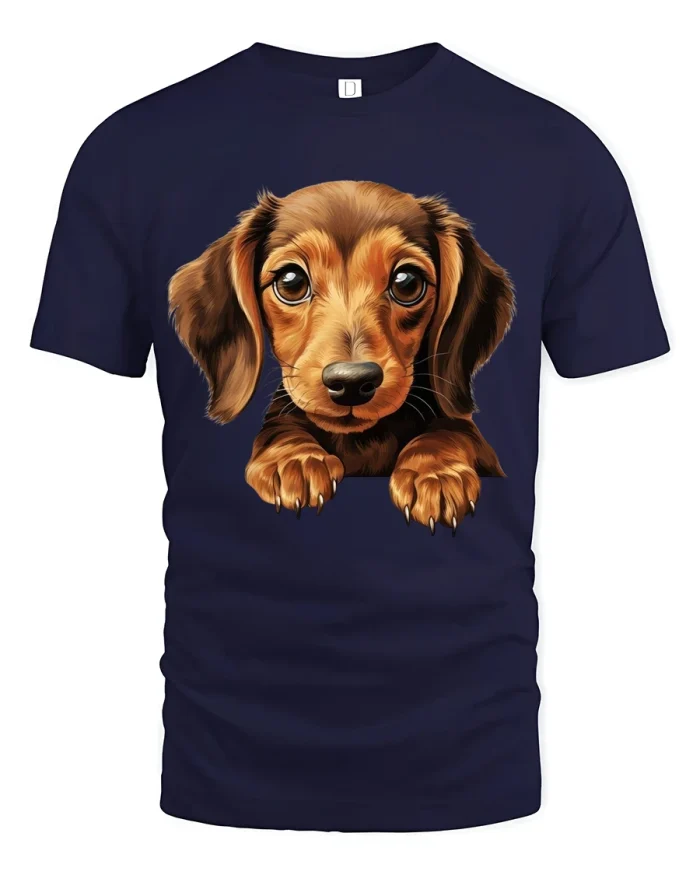 Adorable Dachshund Puppy Big Eyes Cute Illustration Graphic Tee - navy t-shirt on white background