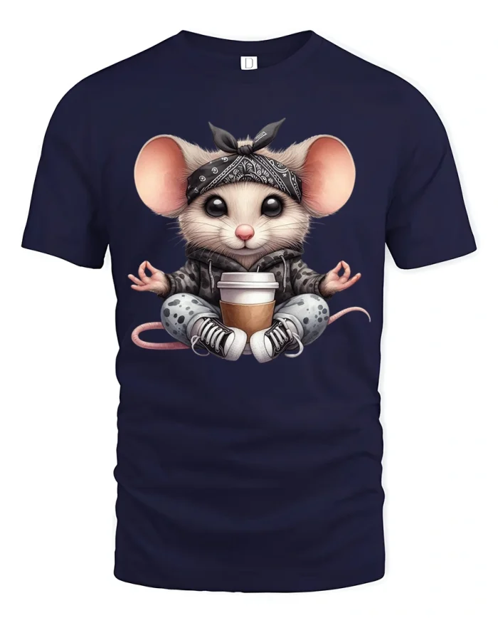Cute Zen Mouse With Coffee Calm Chill Illustration Graphic Tee - navy t-shirt on white background