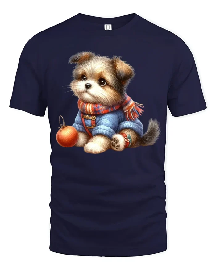 Cute Cozy Puppy Sweater Autumn Illustration Warm Feel Graphic Tee - navy t-shirt on white background