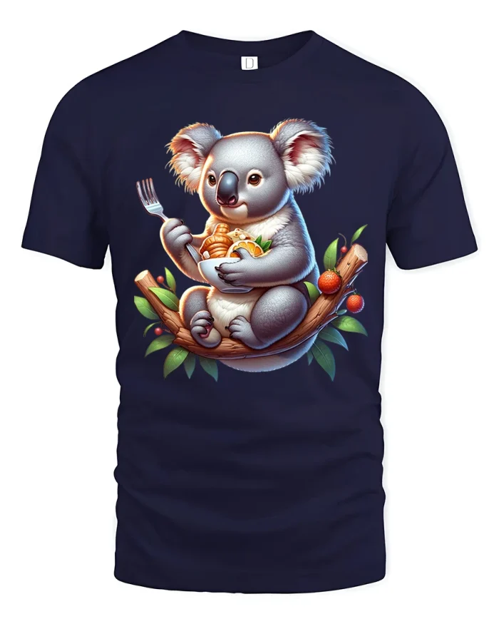 Cute Hungry Koala Eating Snack Cozy Nature Illustration Tee - navy t-shirt on white background