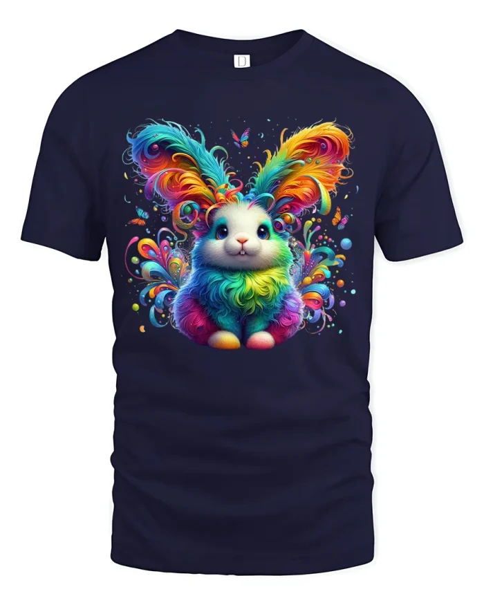 Rainbow Bunny Fantasy Art Colorful Cute Illustration Tee - navy t-shirt on white background