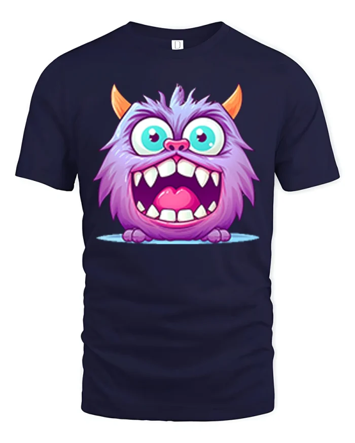 Cute Purple Monster Big Smile Funny Cartoon Art Graphic Tee - navy t-shirt on white background