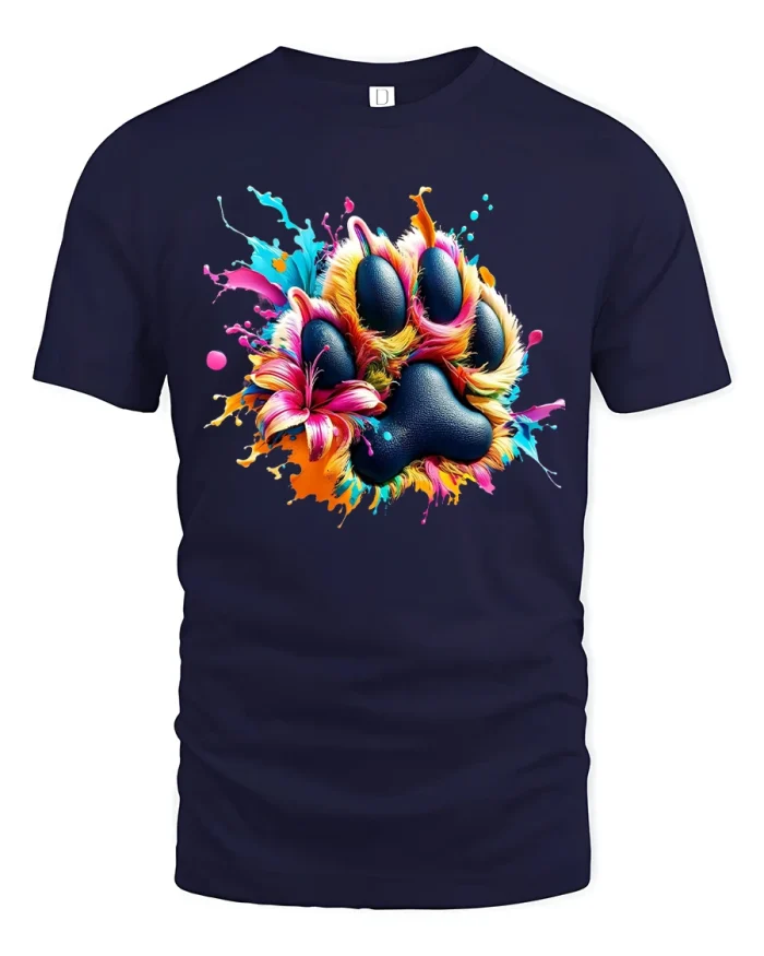 Colorful Dog Paw Print Splash Art Cute Animal Graphic Tee - navy t-shirt on white background