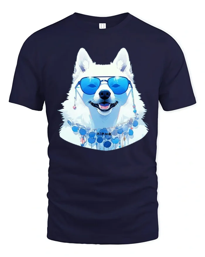 Cool Dog Sunglasses Style Funny White Dog Graphic Tee - navy t-shirt on white background