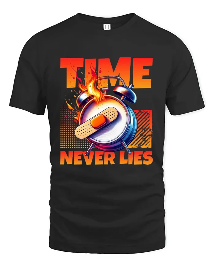 Time Never Lies Alarm Clock Graphic T Shirt Truth Statement - black t-shirt on white background