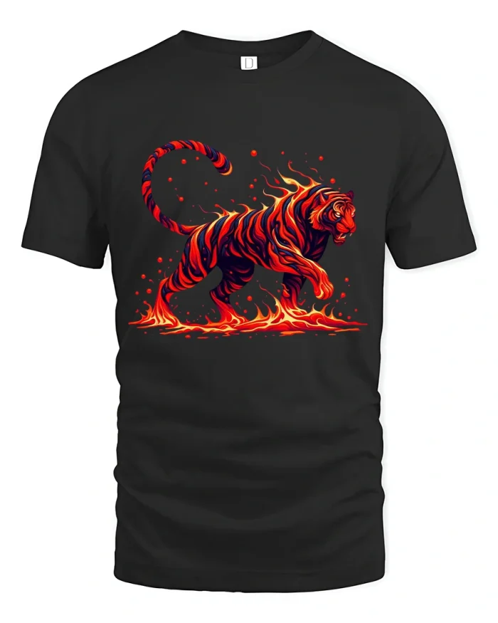 Blazing Fire Tiger Graphic T Shirt Fierce Flame Beast Art - black t-shirt on white background