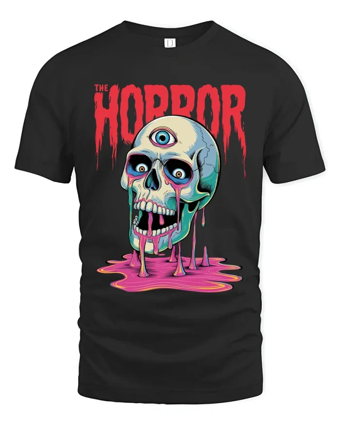 The Horror Skull Graphic Tshirt Creepy Melting Nightmare Art - black t-shirt on white background