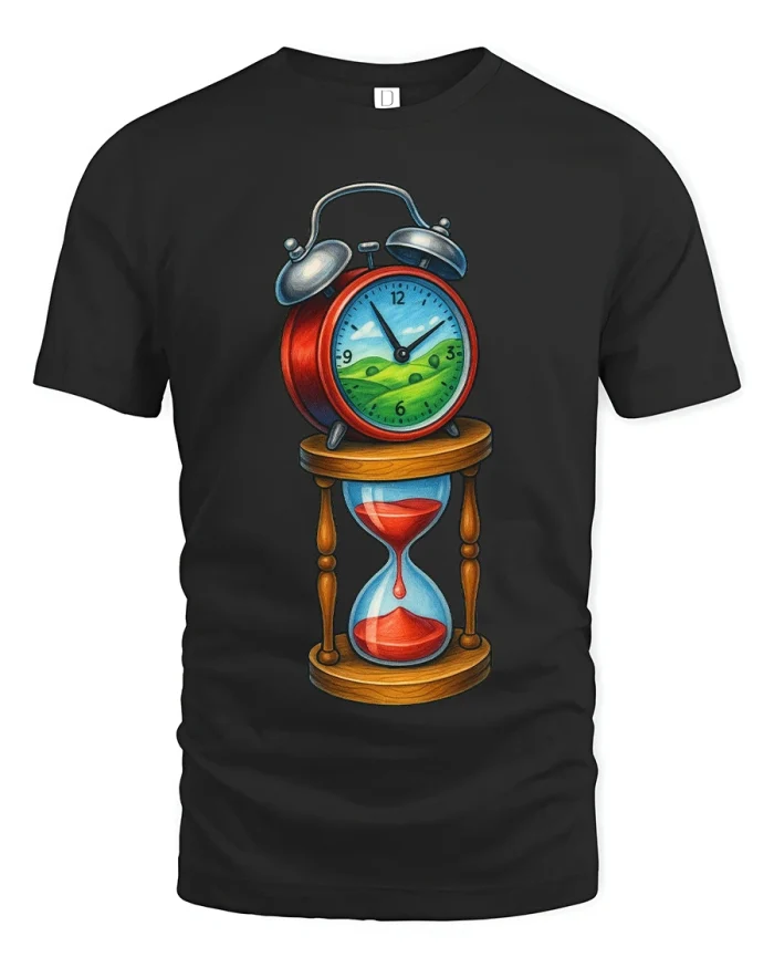 Time Flow Clock And Hourglass Graphic T Shirt Surreal Art - black t-shirt on white background