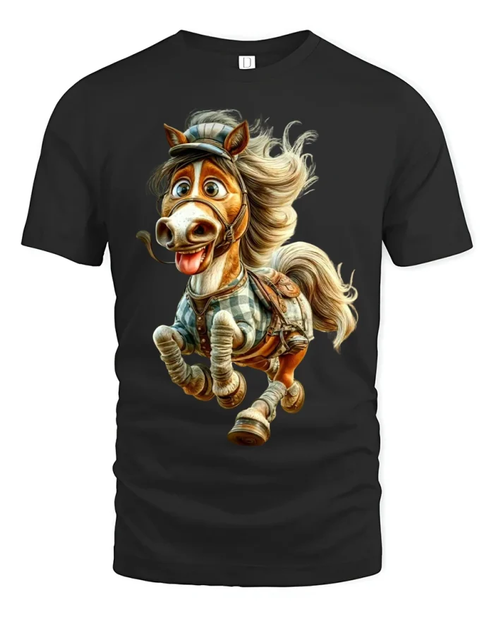 Funny Running Horse Cartoon Graphic T Shirt Happy Wild Style - black t-shirt on white background