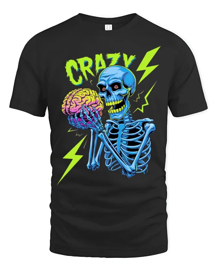 Crazy Skeleton Brain Graphic T Shirt Wild Electric Art Style - black t-shirt on white background
