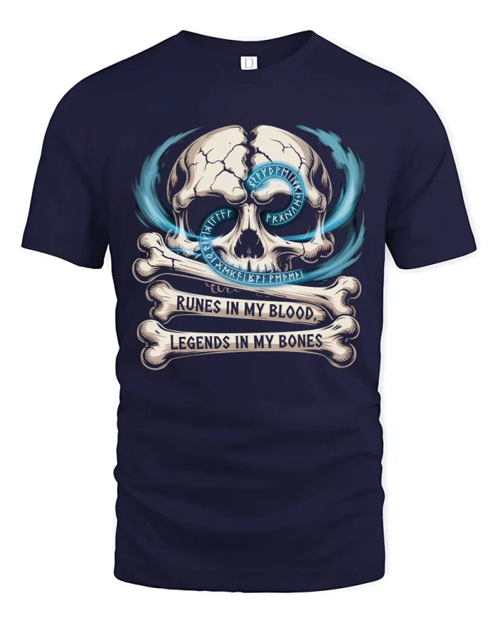 Runes In My Blood Legends In My Bones Skull Graphic Tshirt - navy t-shirt on white background