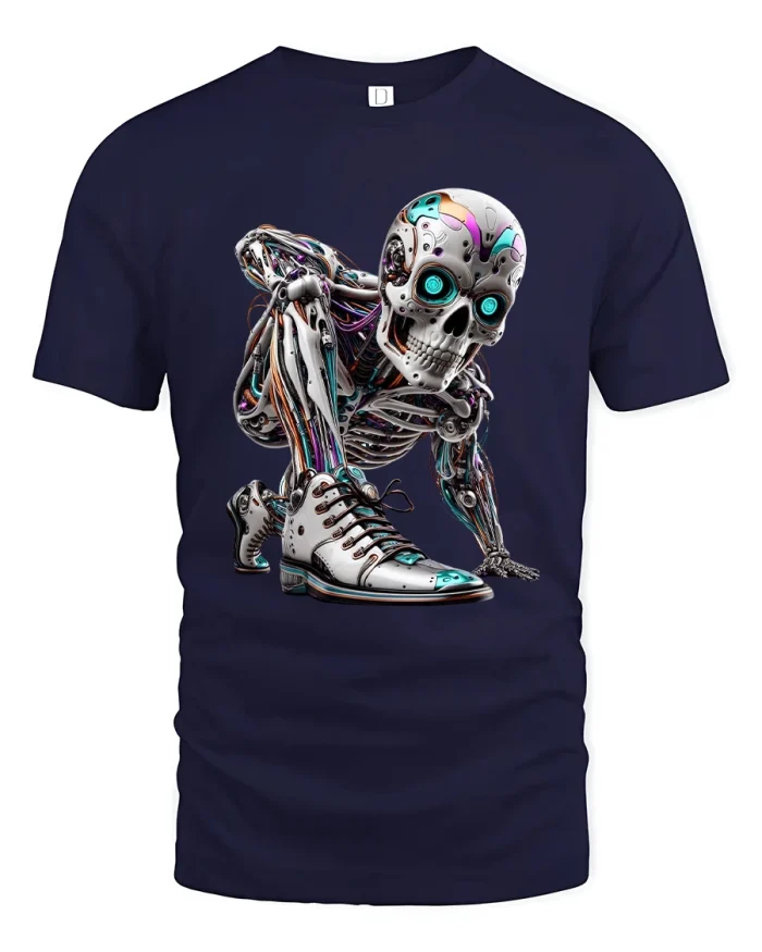 Cyber Skeleton Runner Graphic T Shirt Futuristic Street Art - navy t-shirt on white background