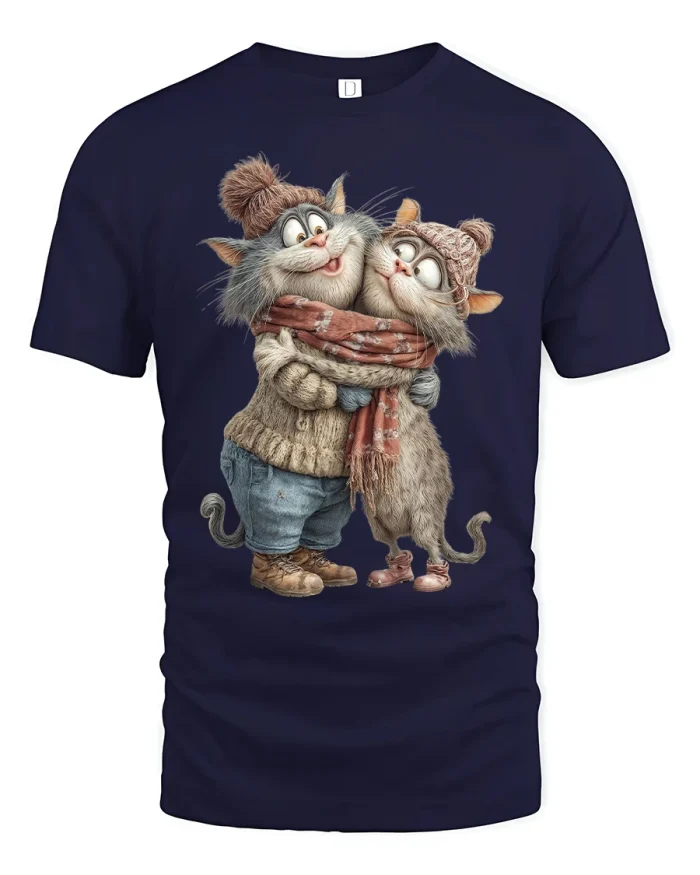 Cute Hugging Cats Cartoon Graphic T Shirt Cozy Love Art - navy t-shirt on white background