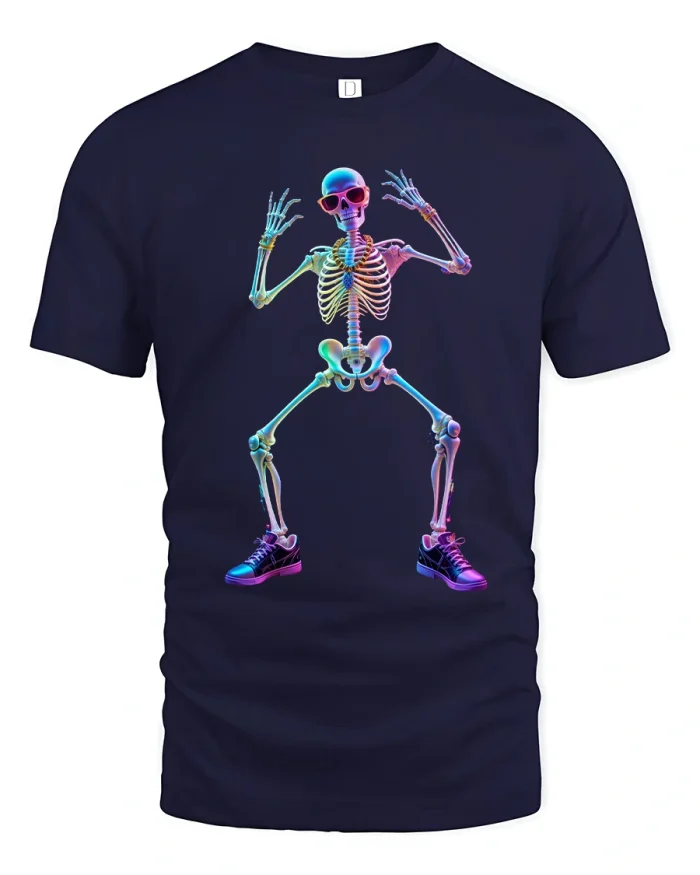 Neon Dancing Skeleton Graphic T Shirt Party Street Art - navy t-shirt on white background