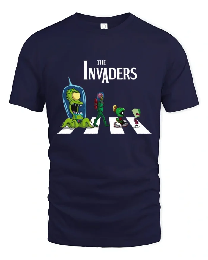 The Invaders Alien Cartoon Graphic T Shirt Funny Sci Fi Art - navy t-shirt on white background
