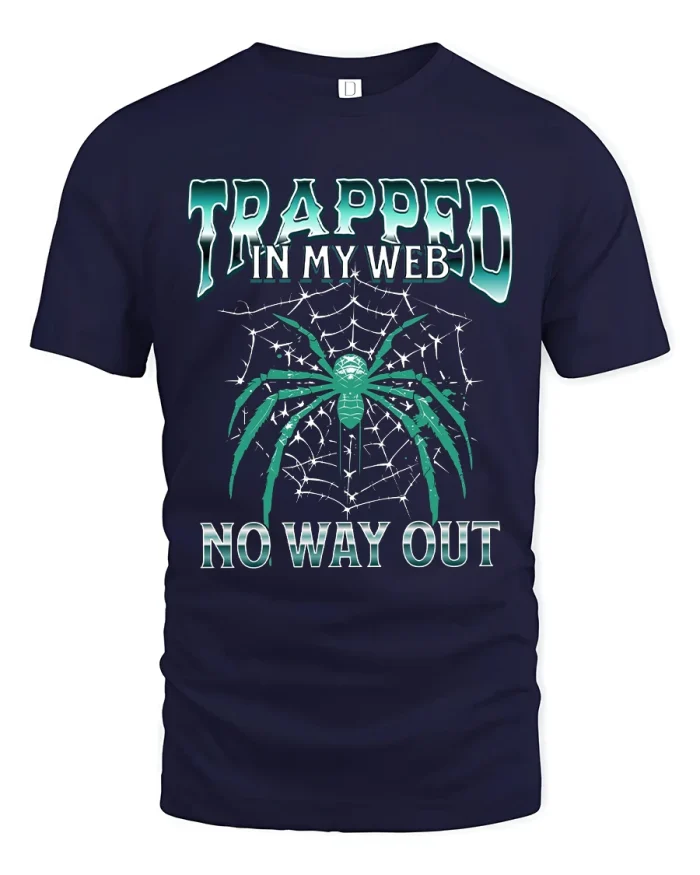 Trapped In My Web Spider Graphic T Shirt Dark Horror Style - navy t-shirt on white background
