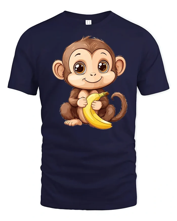 Cute Baby Monkey With Banana Cartoon Graphic T Shirt - navy t-shirt on white background