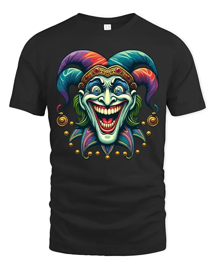 Colorful Jester Face Tee With Bold Carnival Joker Artwork - black t-shirt on white background