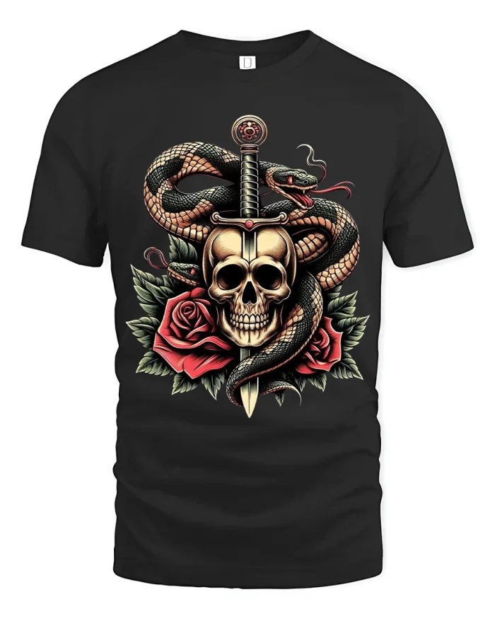 Dark Skull Snake And Dagger T-Shirt With Gothic Tattoo Art Style - black t-shirt on white background