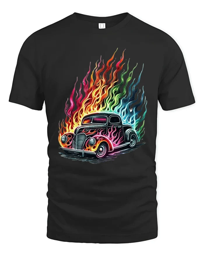 Flaming Vintage Hot Rod T-Shirt With Colorful Fire Art Style - black t-shirt on white background