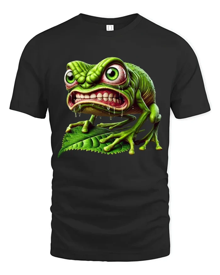 Crazy Green Frog Monster T Shirt With Wild Cartoon Creature Art - black t-shirt on white background