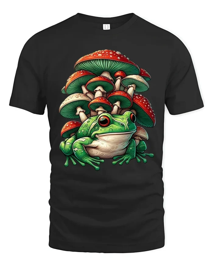 Cute Frog With Mushroom Stack T Shirt Featuring Whimsical Nature Art - black t-shirt on white background