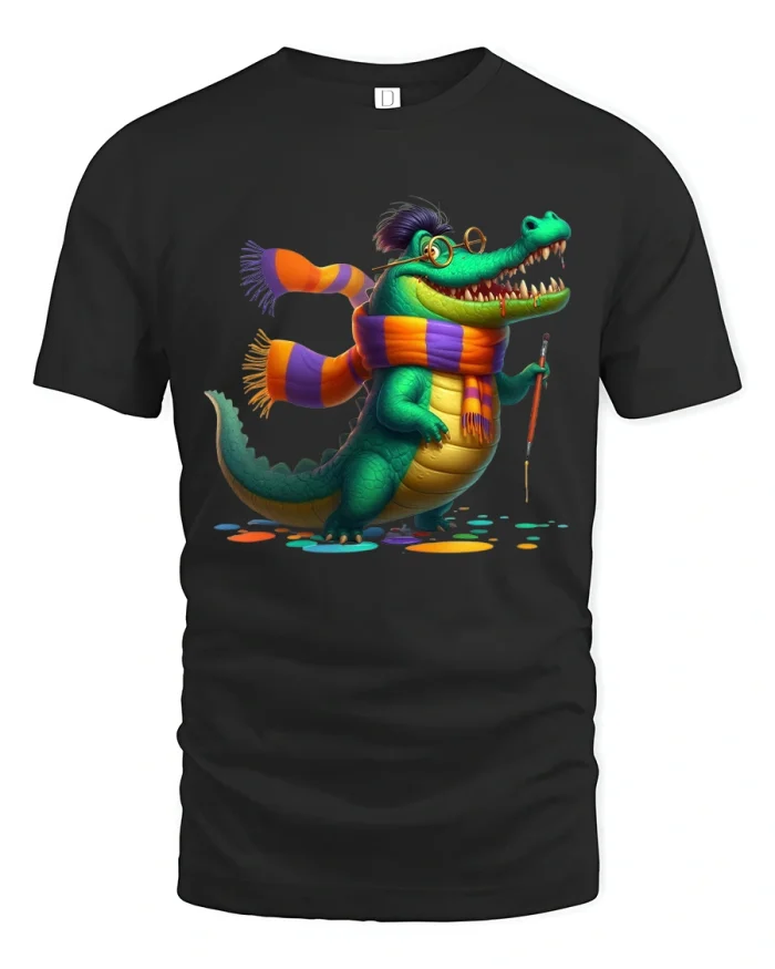 Funny Crocodile Artist Tee With Colorful Scarf And Paintbrush Art - black t-shirt on white background