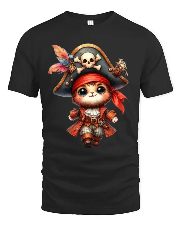 Cute Pirate Cat Tee With Adorable Cartoon Captain Style Artwork - black t-shirt on white background