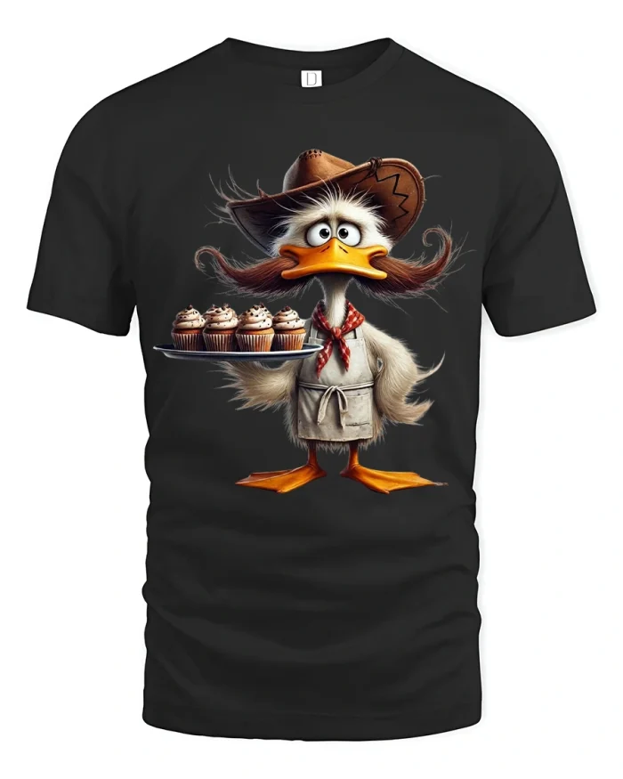 Funny Cowboy Duck Tee With Cute Baker Cartoon Style Illustration - black t-shirt on white background