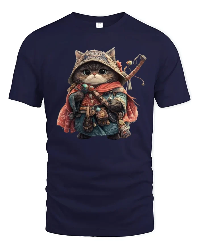 Mystic Warrior Cat Tee With Fantasy Adventure Outfit Artwork - navy t-shirt on white background