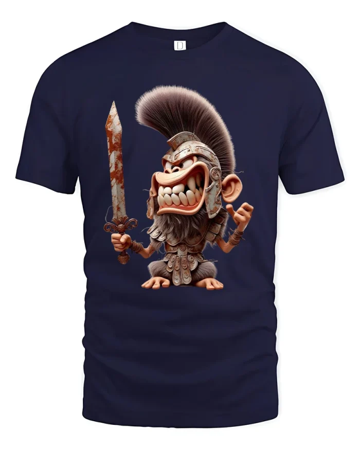 Savage Monkey Warrior Tee With Wild Gladiator Fantasy Artwork - navy t-shirt on white background