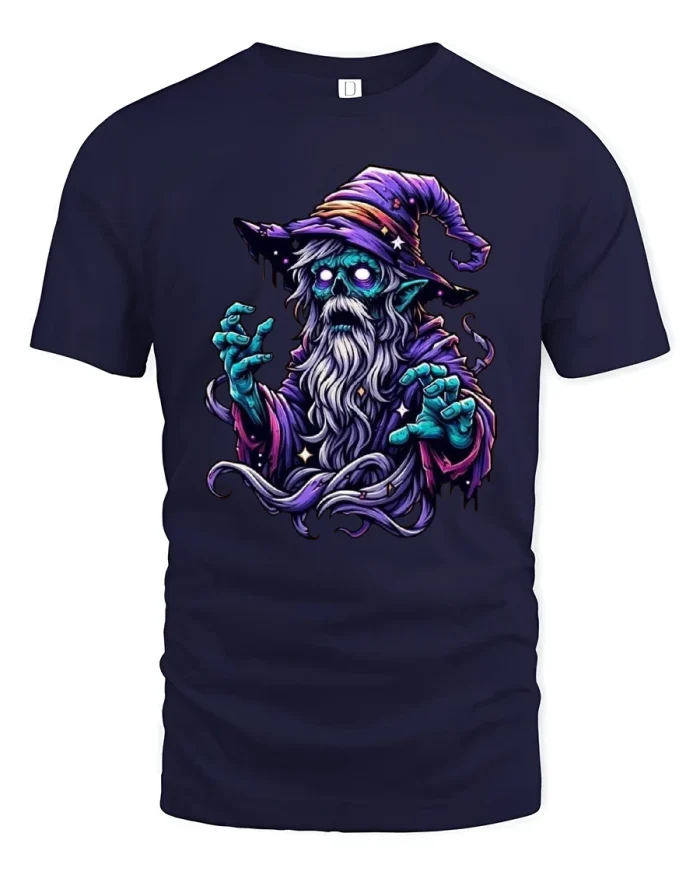 Dark Fantasy Wizard Tee With Mystic Magic And Glowing Eyes - navy t-shirt on white background