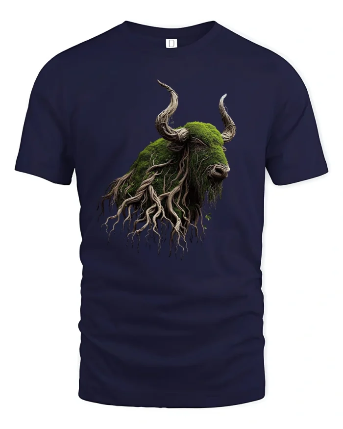 Mystic Forest Bull Tee With Ancient Roots And Nature Power - navy t-shirt on white background