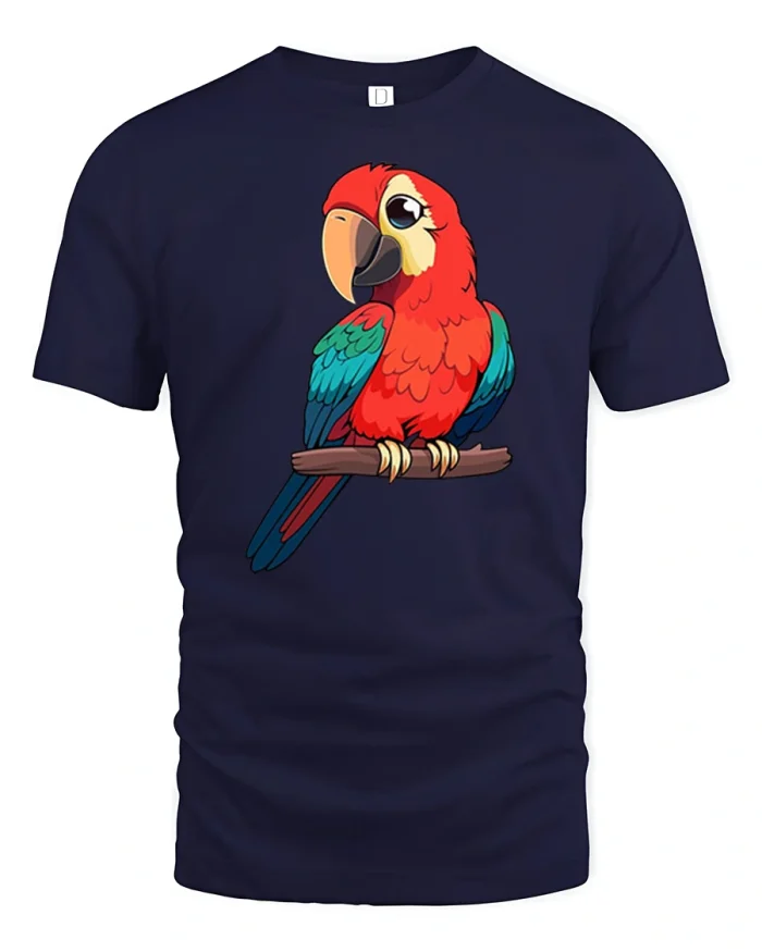 Colorful Tropical Parrot Tee With Bright Feathers And Cute Style - navy t-shirt on white background