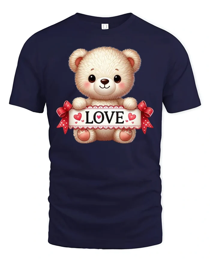 Cute Teddy Bear Love Tee With Sweet Hearts And Adorable Design - navy t-shirt on white background