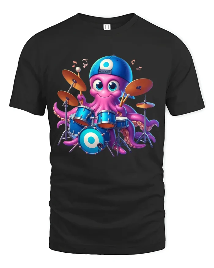 Funny Octopus Drummer Tee Cute Music Lover Graphic T Shirt - black t-shirt on white background