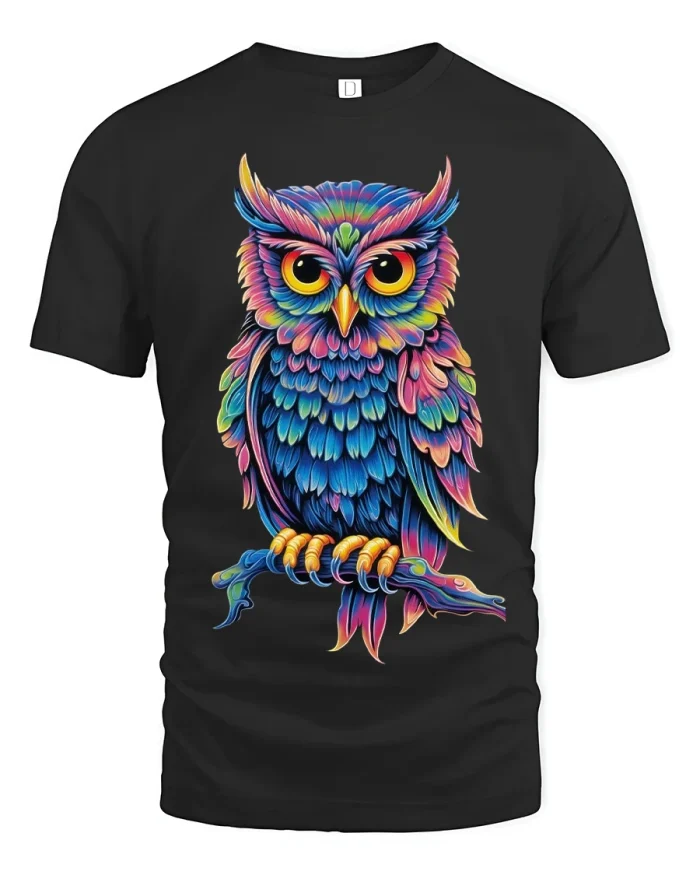 Colorful Owl Art Tee Vibrant Wildlife Graphic T Shirt - black t-shirt on white background