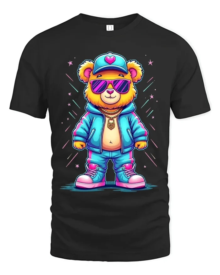 Cool Street Style Bear Tee Funny Urban Cartoon Graphic Tshirt - black t-shirt on white background