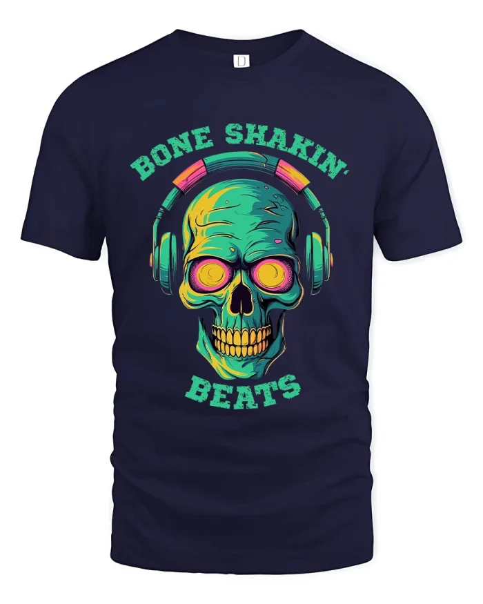 Bone Shakin Beats Skull Tee Funny DJ Music Graphic T Shirt - navy t-shirt on white background