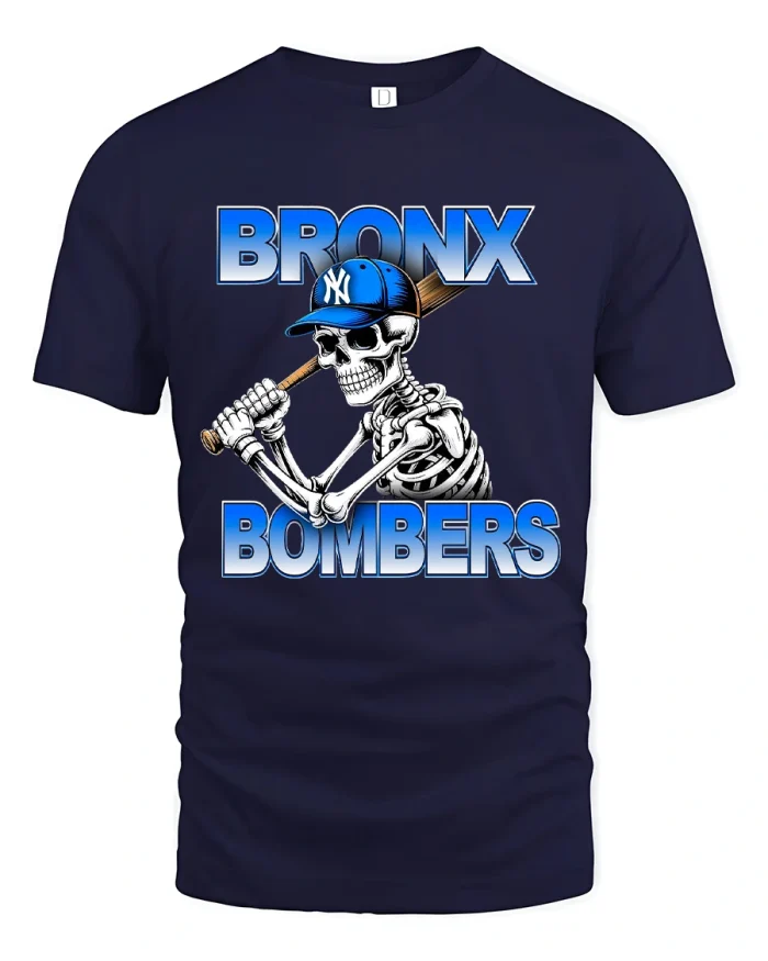 Bronx Bombers Skull Baseball Tee Street Style Graphic T Shirt - navy t-shirt on white background