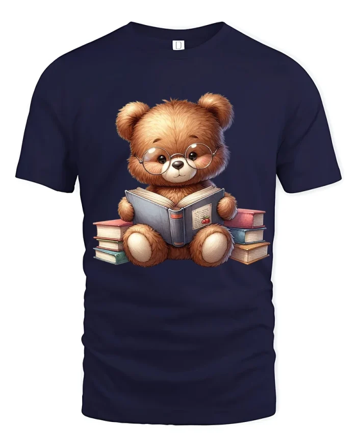 Cute Reading Teddy Bear Tee Adorable Book Lover Graphic T Shirt - navy t-shirt on white background