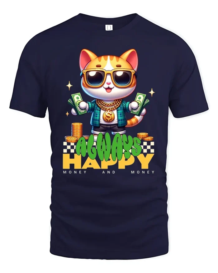 Always Happy Money Cat Tee Funny Rich Cartoon Graphic T Shirt - navy t-shirt on white background