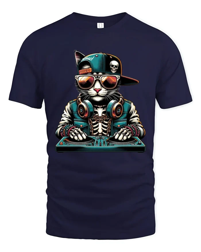 Cool DJ Cat Skeleton Tee Funny Music Graphic T Shirt - navy t-shirt on white background