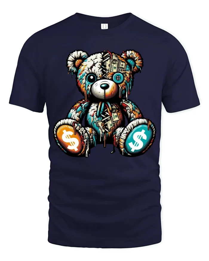 Money Stitched Teddy Bear Tee Funny Wealth Graphic T Shirt - navy t-shirt on white background
