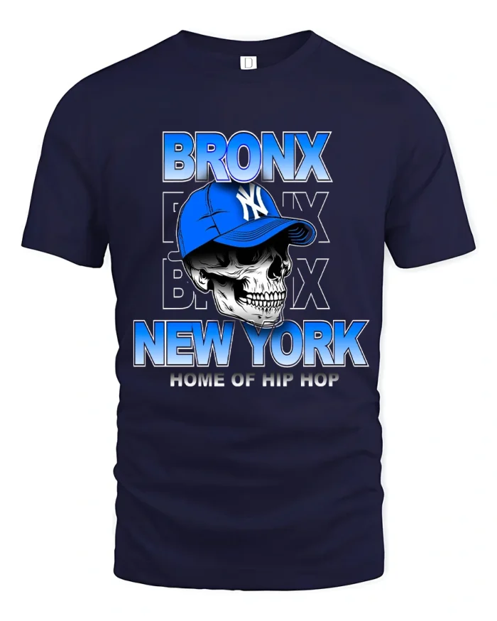 Bronx New York Hip Hop Skull Tee Urban Street Graphic T Shirt - navy t-shirt on white background