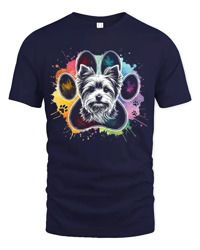 Colorful Dog Paw Portrait Tee Cute Pet Art Graphic T Shirt - navy t-shirt on white background