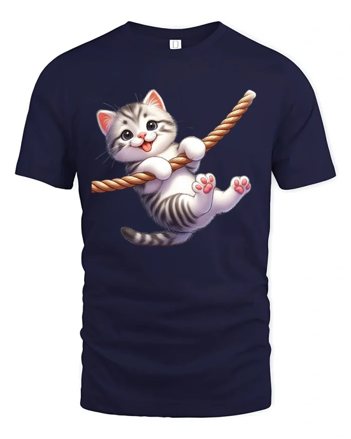 Cute Kitten Rope Swing Tee Playful Cat Cartoon T Shirt - navy t-shirt on white background