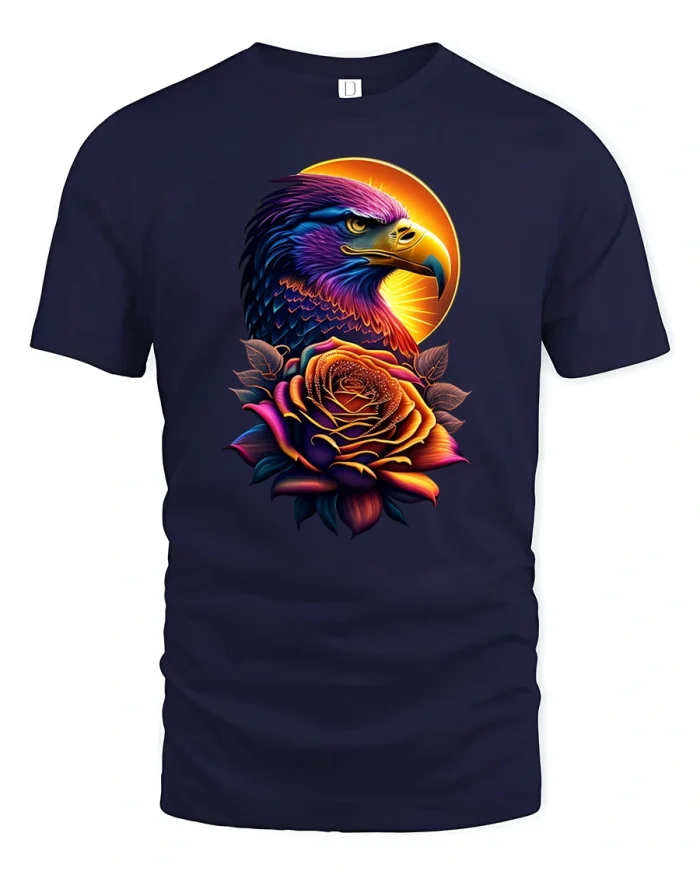 Majestic Eagle Rose Art Tee Powerful Bird Graphic T Shirt - navy t-shirt on white background